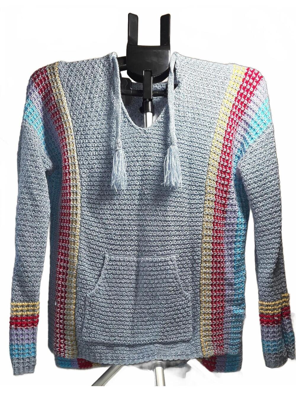 Bohemian Powder Blue Sz XL 14/16 Crochet Hoodie w/Colorful Stripes & Tassels